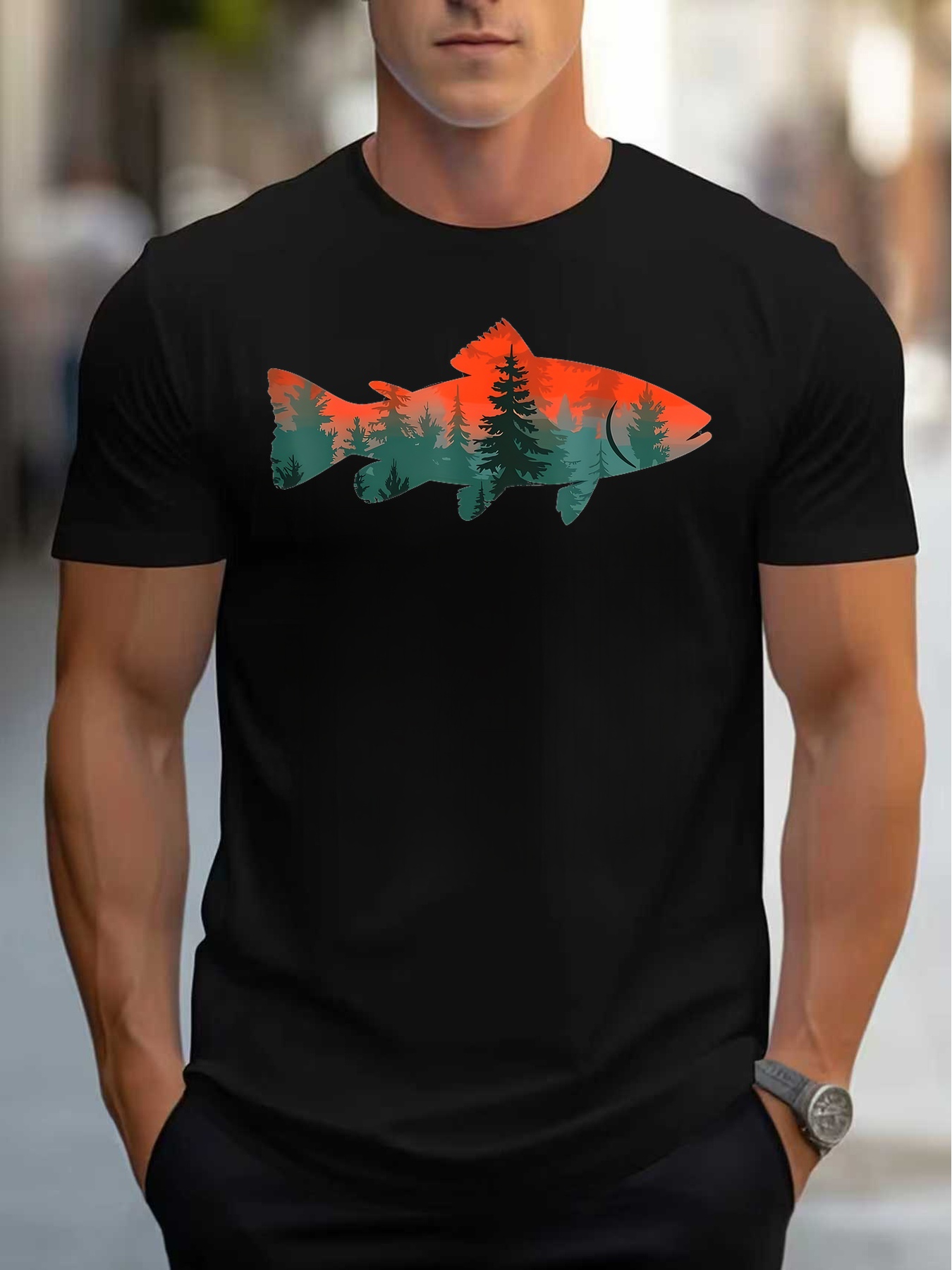 Outdoor Adventure Enthusiast - Nature-Inspired Men's T-Shirt with Forest Fish